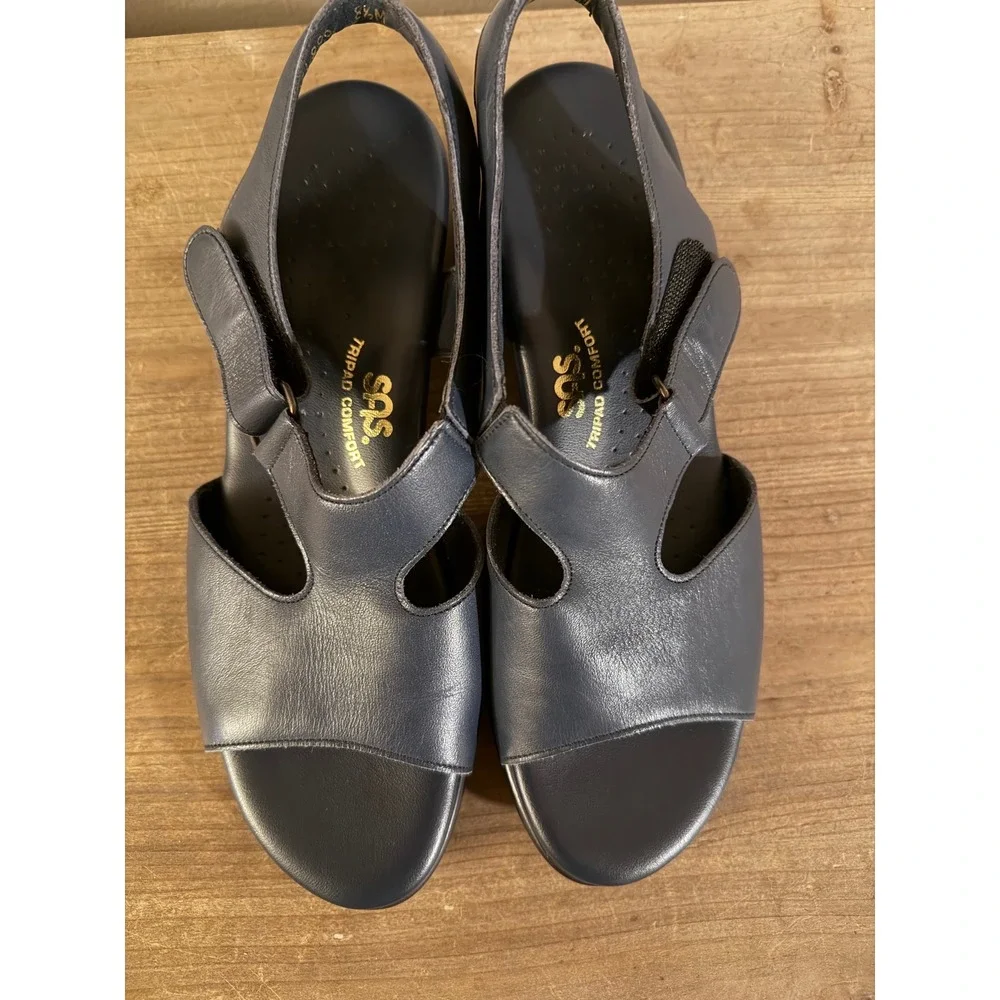 SAS Tripad Comfort Navy Blue Leather Slingback Wedge Sandals Womens 8.5M